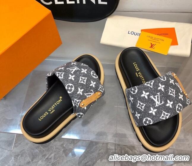 Stylish Louis Vuitton Pool Pillow Flat Comfort Slide Sandals in Monogram Jacquard Black 0320048