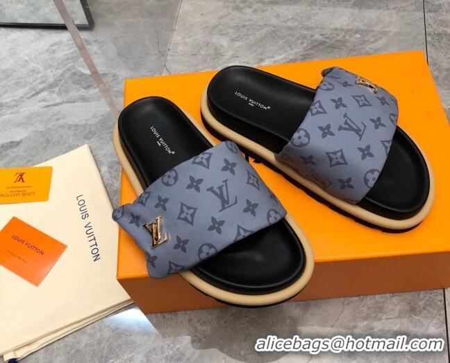 Luxurious Louis Vuitton LV Pool Pillow Flat Comfort Slide Sandals in Monogram Nylon Grey 0320050