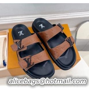 Purchase Louis Vuitton Monogram Leather Flat Slide Sandals Brown 320054