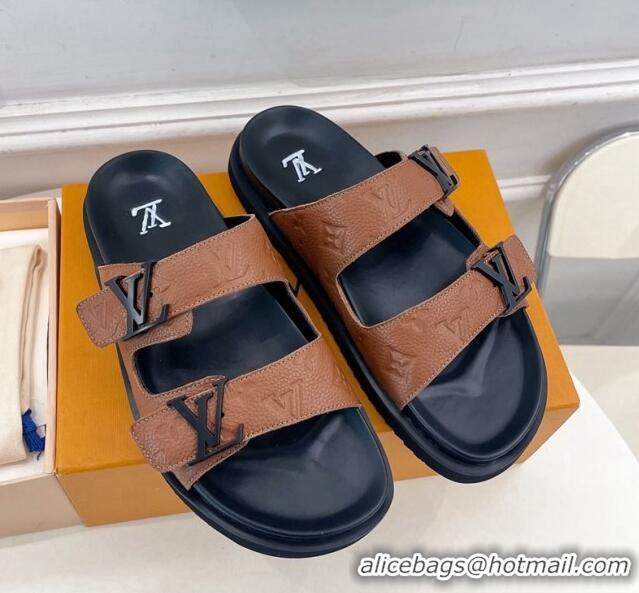 Purchase Louis Vuitton Monogram Leather Flat Slide Sandals Brown 320054