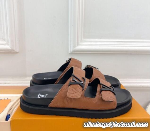 Purchase Louis Vuitton Monogram Leather Flat Slide Sandals Brown 320054