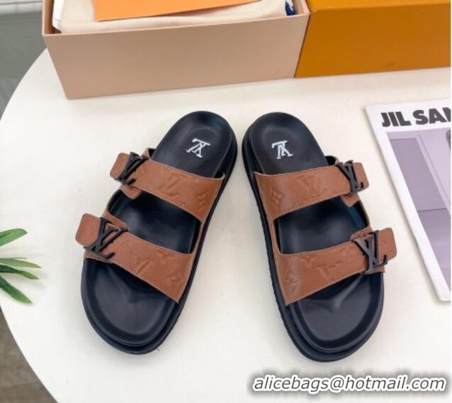 Purchase Louis Vuitton Monogram Leather Flat Slide Sandals Brown 320054