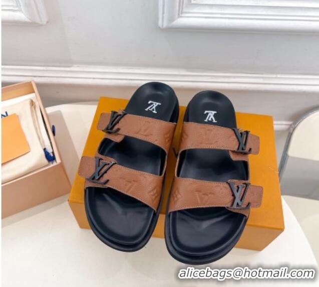 Purchase Louis Vuitton Monogram Leather Flat Slide Sandals Brown 320054