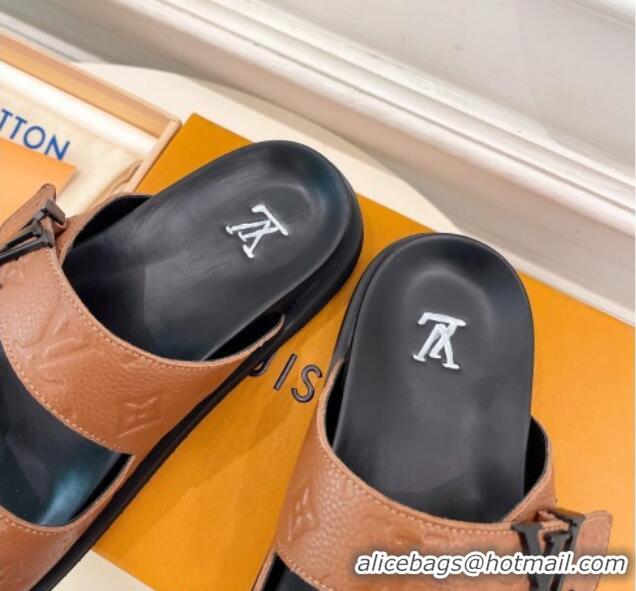 Purchase Louis Vuitton Monogram Leather Flat Slide Sandals Brown 320054