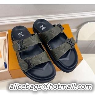 Good Quality Louis Vuitton Monogram Leather Flat Slide Sandals Green 0320055