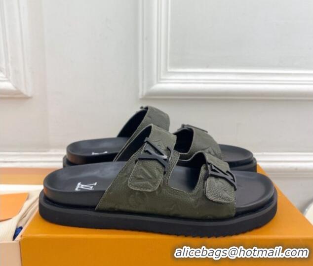 Good Quality Louis Vuitton Monogram Leather Flat Slide Sandals Green 0320055