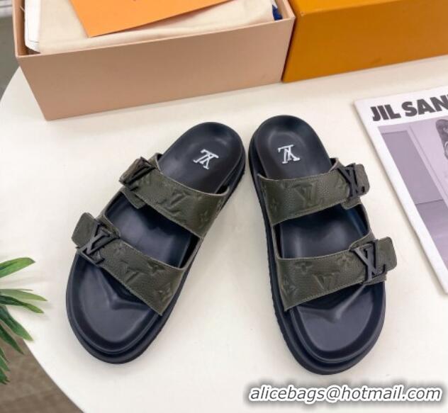 Good Quality Louis Vuitton Monogram Leather Flat Slide Sandals Green 0320055