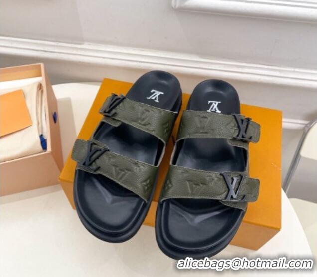 Good Quality Louis Vuitton Monogram Leather Flat Slide Sandals Green 0320055