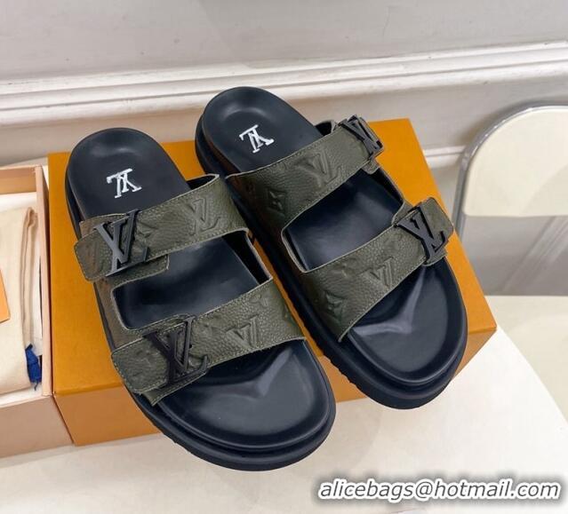 Good Quality Louis Vuitton Monogram Leather Flat Slide Sandals Green 0320055