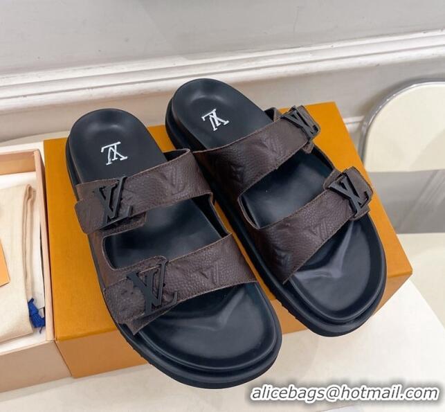 Top Grade Louis Vuitton Monogram Leather Flat Slide Sandals Chocolate 0320056