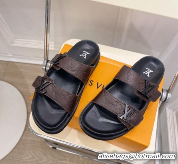 Top Grade Louis Vuitton Monogram Leather Flat Slide Sandals Chocolate 0320056