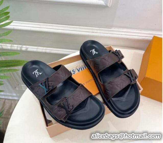 Top Grade Louis Vuitton Monogram Leather Flat Slide Sandals Chocolate 0320056