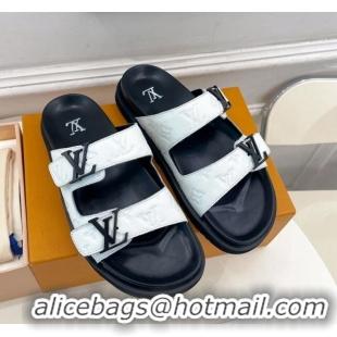 Grade Quality Louis Vuitton Monogram Leather Flat Slide Sandals White/Black 0320057