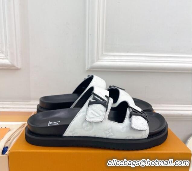 Grade Quality Louis Vuitton Monogram Leather Flat Slide Sandals White/Black 0320057