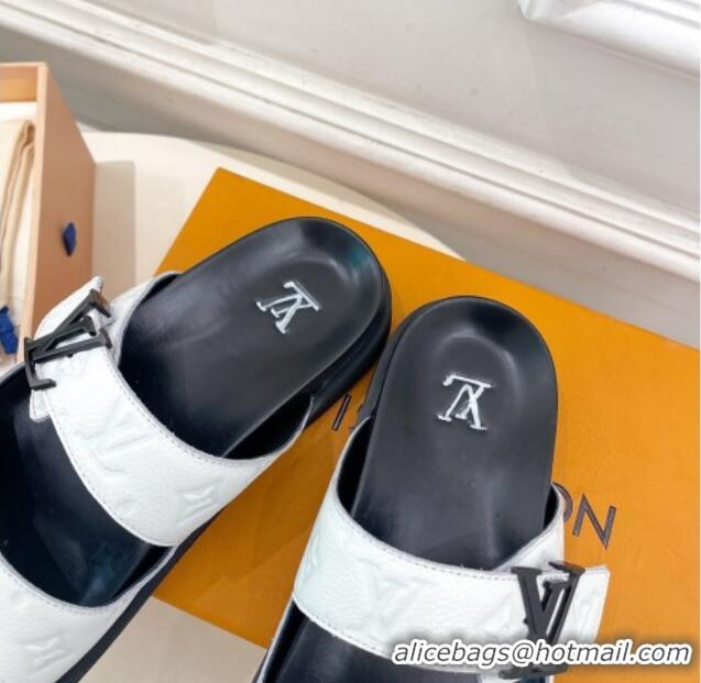 Grade Quality Louis Vuitton Monogram Leather Flat Slide Sandals White/Black 0320057