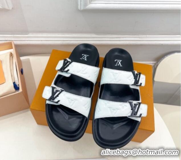 Grade Quality Louis Vuitton Monogram Leather Flat Slide Sandals White/Black 0320057