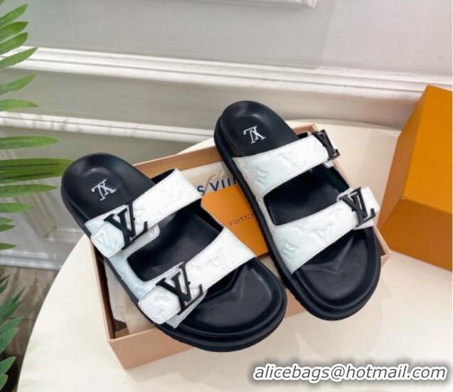 Grade Quality Louis Vuitton Monogram Leather Flat Slide Sandals White/Black 0320057