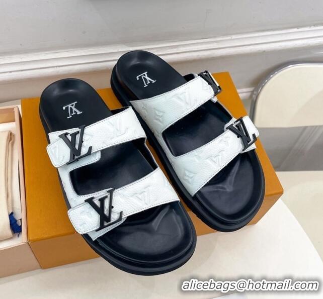 Grade Quality Louis Vuitton Monogram Leather Flat Slide Sandals White/Black 0320057