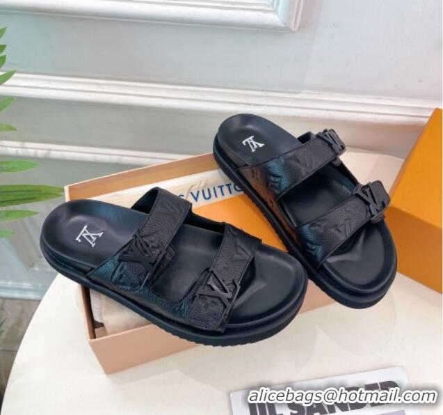 Sumptuous Louis Vuitton Monogram Leather Flat Slide Sandals Black 320058