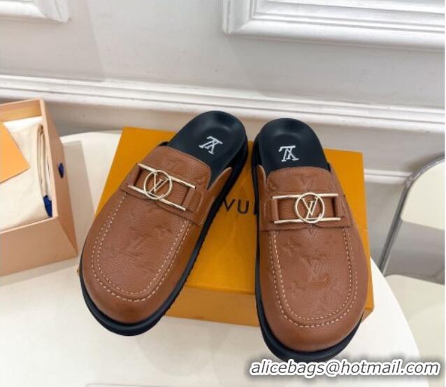 Good Looking Louis Vuitton Monogram Leather Flat Mules Brown 320060