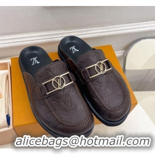 Top Design Louis Vuitton Monogram Leather Flat Mules Chocolate 0320062