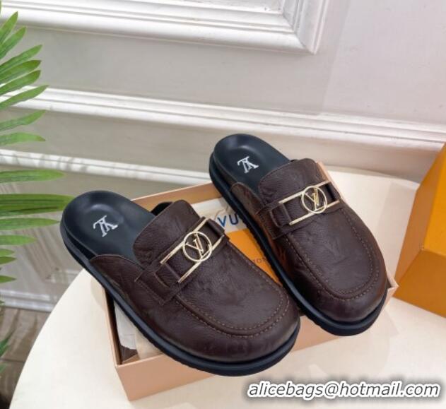 Top Design Louis Vuitton Monogram Leather Flat Mules Chocolate 0320062