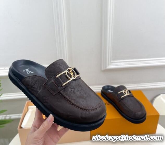 Top Design Louis Vuitton Monogram Leather Flat Mules Chocolate 0320062