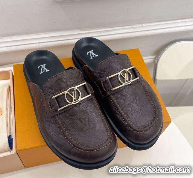 Top Design Louis Vuitton Monogram Leather Flat Mules Chocolate 0320062