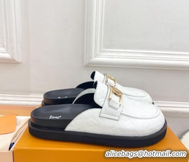 Good Quality Louis Vuitton Monogram Leather Flat Mules White/Black 0320063