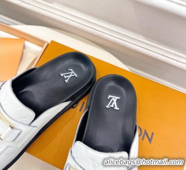 Good Quality Louis Vuitton Monogram Leather Flat Mules White/Black 0320063