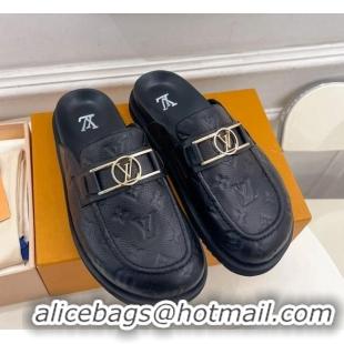 Hot Style Louis Vuitton Monogram Leather Flat Mules Black 0320064