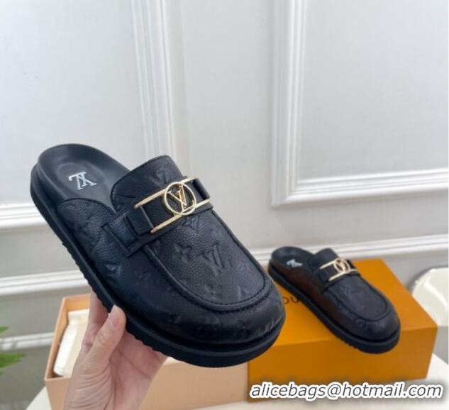 Hot Style Louis Vuitton Monogram Leather Flat Mules Black 0320064