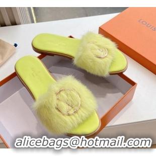 Luxury Louis Vuitton LV Mink Fur Flat Slide Sandals Light Yellow 320066