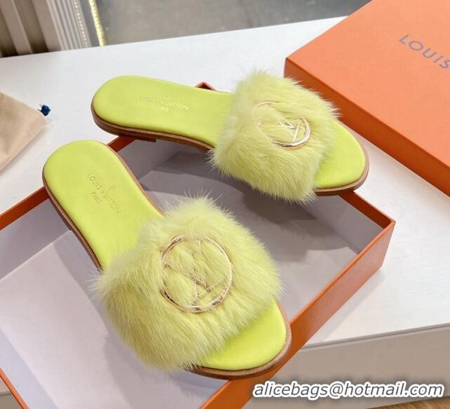 Luxury Louis Vuitton LV Mink Fur Flat Slide Sandals Light Yellow 320066