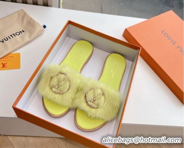 Luxury Louis Vuitton LV Mink Fur Flat Slide Sandals Light Yellow 320066