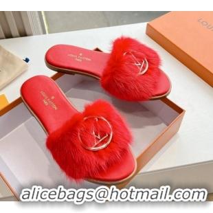 Shop Duplicate Louis Vuitton LV Mink Fur Flat Slide Sandals Red 0320067