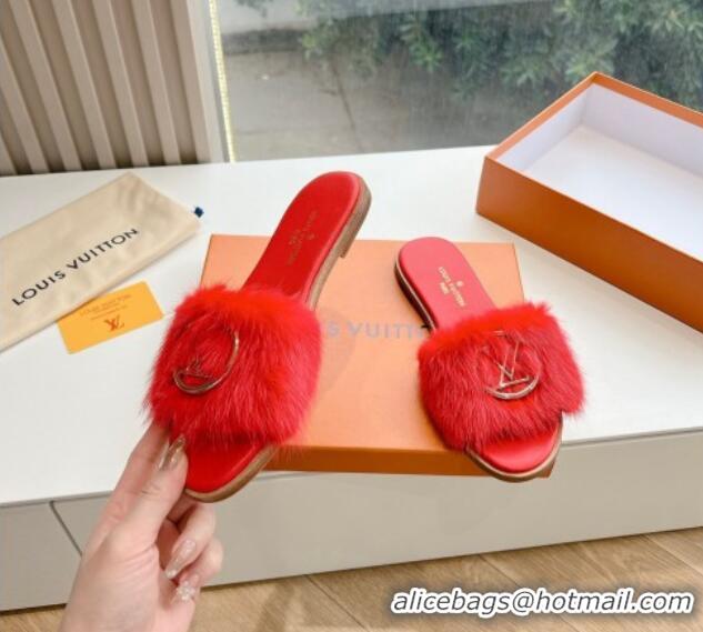 Shop Duplicate Louis Vuitton LV Mink Fur Flat Slide Sandals Red 0320067