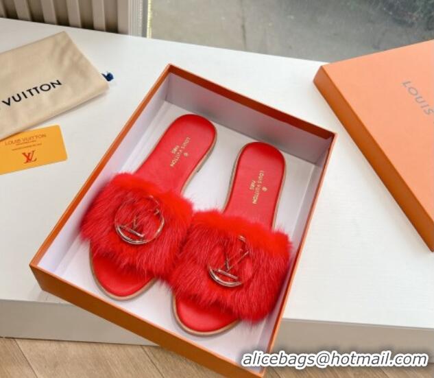 Shop Duplicate Louis Vuitton LV Mink Fur Flat Slide Sandals Red 0320067