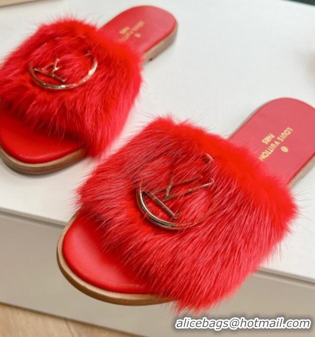 Shop Duplicate Louis Vuitton LV Mink Fur Flat Slide Sandals Red 0320067