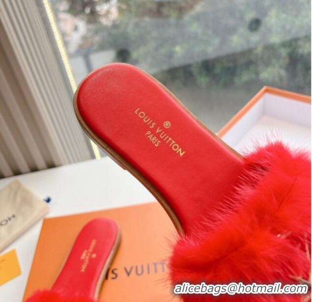 Shop Duplicate Louis Vuitton LV Mink Fur Flat Slide Sandals Red 0320067