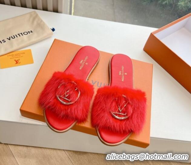 Shop Duplicate Louis Vuitton LV Mink Fur Flat Slide Sandals Red 0320067