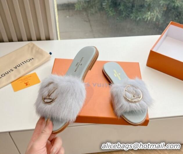 Stylish Louis Vuitton LV Mink Fur Flat Slide Sandals Light Grey 320068