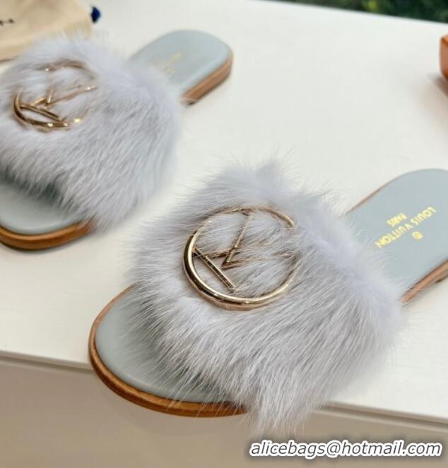 Stylish Louis Vuitton LV Mink Fur Flat Slide Sandals Light Grey 320068