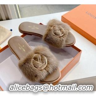 Cheap Price Louis Vuitton LV Mink Fur Flat Slide Sandals Taupe Grey 0320070