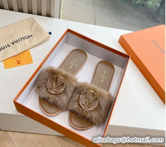 Cheap Price Louis Vuitton LV Mink Fur Flat Slide Sandals Taupe Grey 0320070