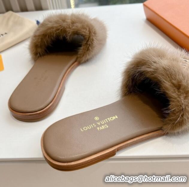 Cheap Price Louis Vuitton LV Mink Fur Flat Slide Sandals Taupe Grey 0320070