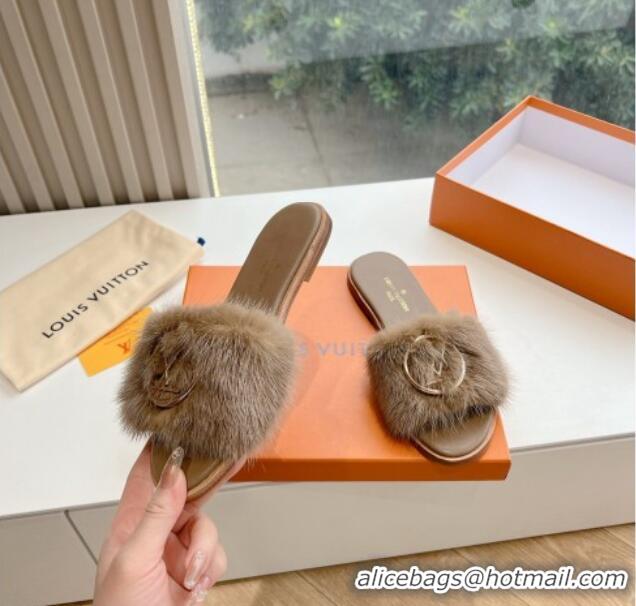 Cheap Price Louis Vuitton LV Mink Fur Flat Slide Sandals Taupe Grey 0320070