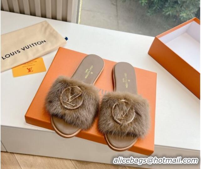 Cheap Price Louis Vuitton LV Mink Fur Flat Slide Sandals Taupe Grey 0320070