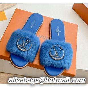 Unique Discount Louis Vuitton LV Mink Fur Flat Slide Sandals Blue 0320071