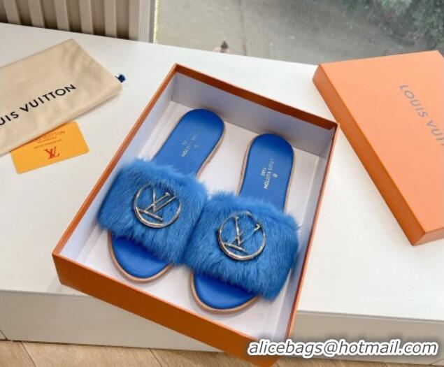 Unique Discount Louis Vuitton LV Mink Fur Flat Slide Sandals Blue 0320071